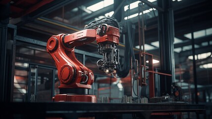 An industrial robot arm in a manufacturing setting - obrazy, fototapety, plakaty