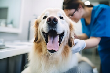 dog at a veterinarian's appointment in a modern veterinary clinic - obrazy, fototapety, plakaty