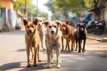 pack of stray stray dogs on a city street. problem of abandoned stray animals