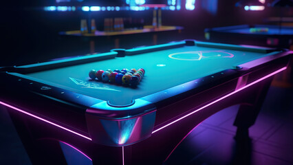Game of billiards cue and layers on the tables neon light	