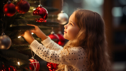 Obraz na płótnie Canvas Little girl decorating lights on christmas tree in background, Generative ai