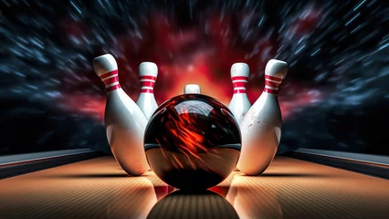 Foto op Canvas Picture of bowling ball hitting pins scoring a strike. Bowling background.  © Gendalf