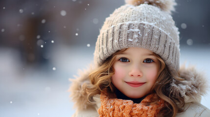 Portrait of a little girl in winter having fun - obrazy, fototapety, plakaty