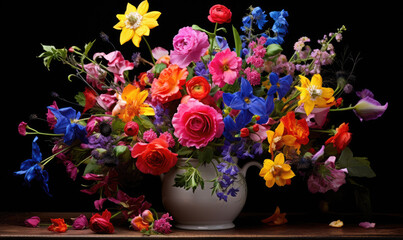 Still life of flowers. Vibrant bouquet of wildflowers in a vase on a table.