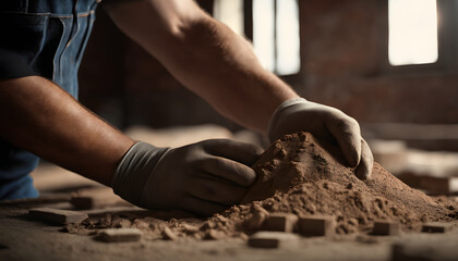 Carpenter working with sand in his workshop, closeup view