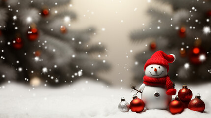 Snowman in the snow with Christmas custom, Generative ai