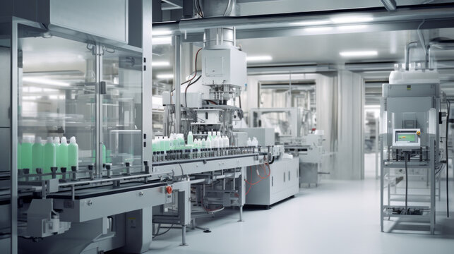 A pharmaceutical packaging facility, with machines filling and labeling medication bottles