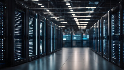 server room data center with rows of server racks. 3d rendering