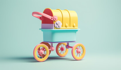 Toy baby stroller, in soft colors, plasticized material, educational for children to play with. AI generated