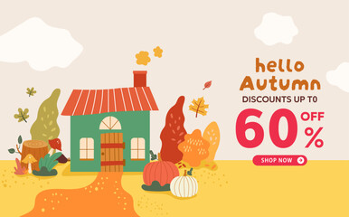 hello autumn sale banner illustration, vector, shopping, flash sale and big sale