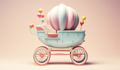Toy baby stroller, in soft colors, plasticized material, educational for children to play with. AI generated - obrazy, fototapety, plakaty