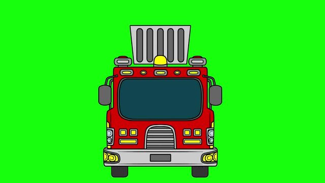 Fire Truck Car Animation, Front View, Green Screen