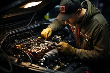 Fototapeta na wymiar Close-Up of Skilled Mechanic Hands in Service.