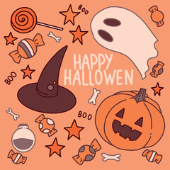 Halloween doodle. A set of funny Halloween-themed icons. Pumpkin, ghost and witchcraft potion