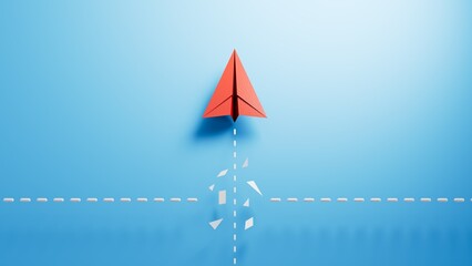 Organization, Leaderairplane and Teamwork concepts, RED paper plane group flying with arrow.3D rendering on blue background.
