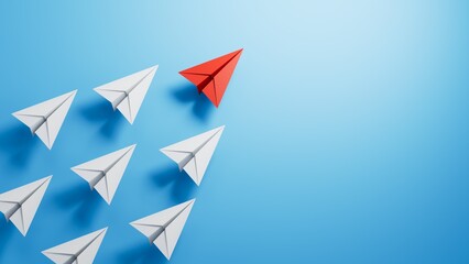 Leaderairplane concept with red paper plane leading among white.3D rendering on blue background.
