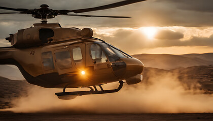 Fototapeta na wymiar Helicopter in the desert at sunset. Shallow depth of field.
