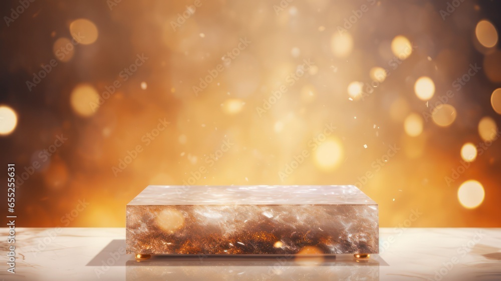 Aufkleber blank crystal podium on marble background over golden bokeh background created with generative ai