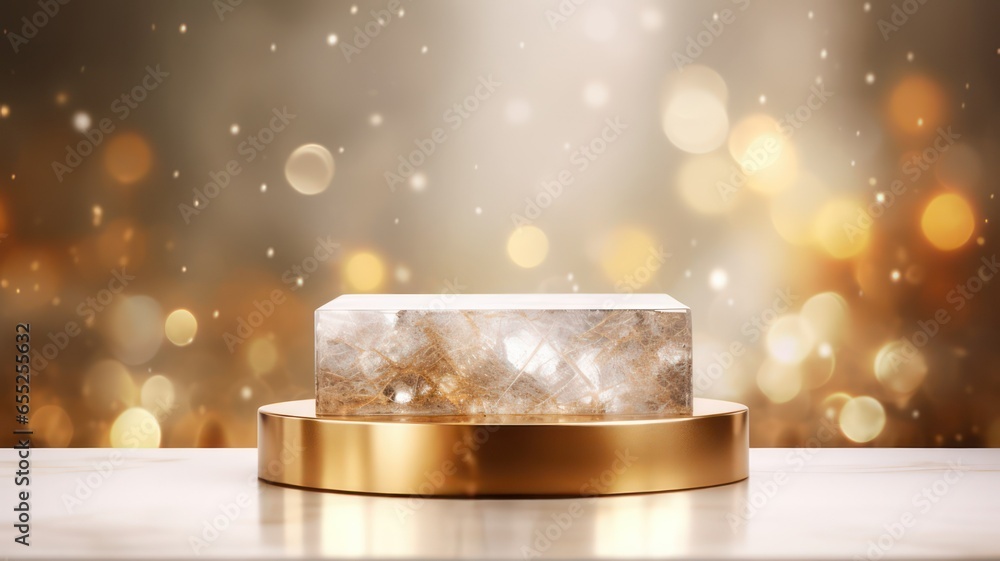 Aufkleber blank crystal podium on marble background over golden bokeh background created with generative ai