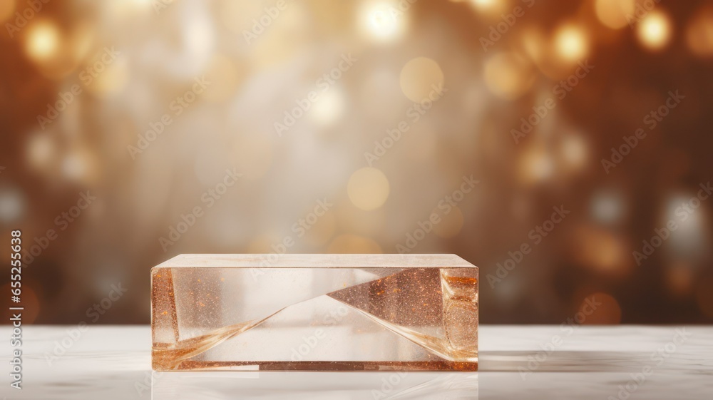 Aufkleber blank crystal podium on marble background over golden bokeh background created with generative ai