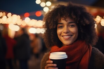 Portrait of a young African American girl drinks coffee while walking in the city center on the eve of Christmas. Festive Christmas lights in the background. She is smiling and looking at camera. - obrazy, fototapety, plakaty