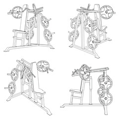 Shoulder Press Machine. Gym equipment on white background vector illustration. Different fitness equipment for muscle building. Workout and training concept.