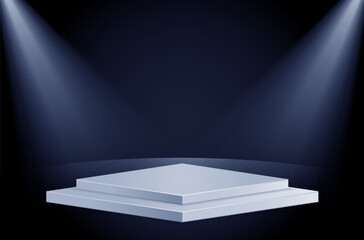Gradient podium dark blue background and realistic vector with geometrical 3d shapes