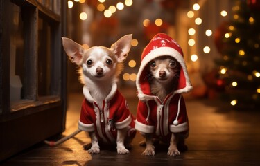 Photo of two adorable small dogs wearing matching red and white Christmas outfits created with Generative AI technology