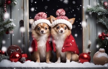 Photo of two adorable small dogs dressed in matching red Christmas sweaters and hats created with Generative AI technology