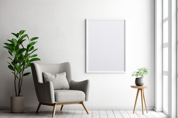 Fototapeta na wymiar Blank picture vertical frame mockup on a stone white gray wall, boho style, modern, minimalist