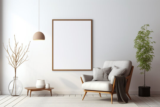 Fototapeta Blank picture vertical frame mockup on a stone white gray wall, boho style, modern, minimalist