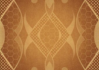 Hand-drawn unique abstract ornament. Golden splatters and light yellow on a darker yellow background and vignette in golden glitter on a darker background color. Paper texture. A4. (pattern: p12a)