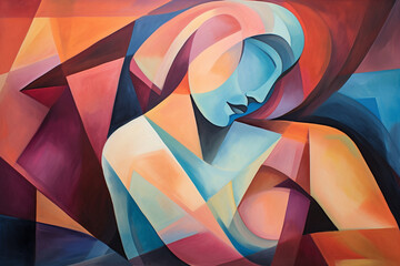 Beauty, art concept. Abstract gouache colorful painting of woman silhouette. Colorful minimalist shapes and lines in cubism style. Generative AI