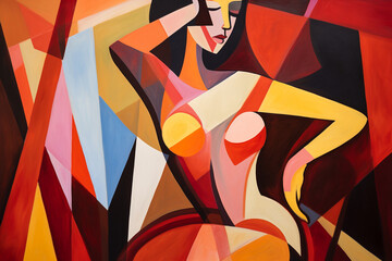 Beauty, art concept. Abstract gouache colorful painting of woman silhouette. Colorful minimalist shapes and lines in cubism style. Generative AI - obrazy, fototapety, plakaty