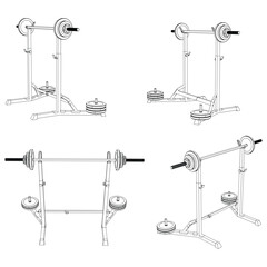 Squat Rack. Fitness, cardio, and muscle building machines, equipments set at gym. Workout and training concept. Vector illustration.