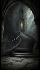 a long stone staircase interior dark scary realsitic fantasy 