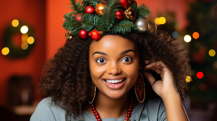 Close up of a smiling girl with Christmas decoration, generative ai