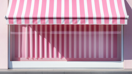 A pink and white striped awning over a shop window