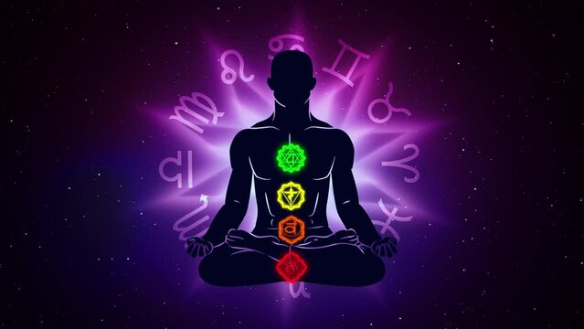Seven meditation chakras in the human body with zodiac sign