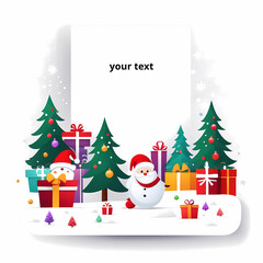 Naklejka premium Christmas card with a blank message, colorful gifts and Christmas trees, Santa claus, white background.