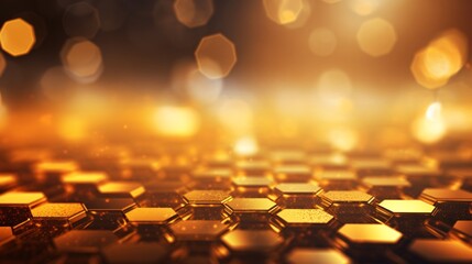 3D hexagon or honeycomb mosaic pattern abstract background gold metal, glass, crystal reflection glitter luxury elegant smooth, sparkle or glossy. Geometric low polygon. blurred bokeh background. - obrazy, fototapety, plakaty