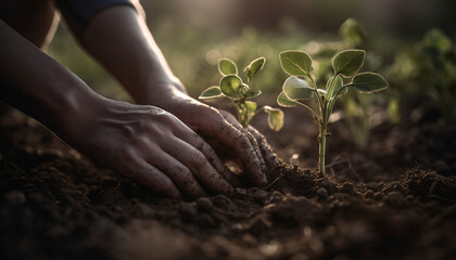 Fototapeta premium hands planting a young plant