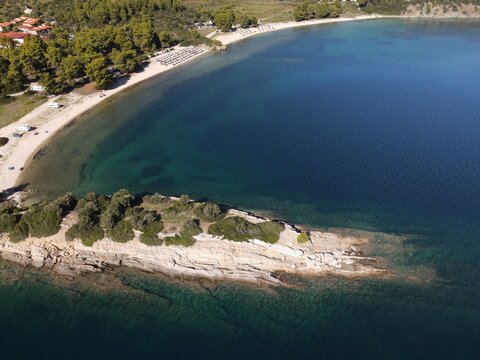 Panoramic drone photo of the tropical beach in the bay of Toroni in Halkidiki, Greeceult