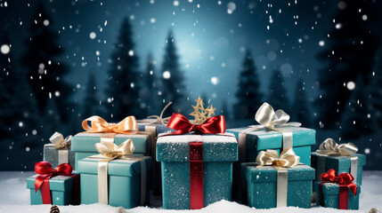 Merry Christmas decorations background with Christmas gifts, Xmas celebration created with generative