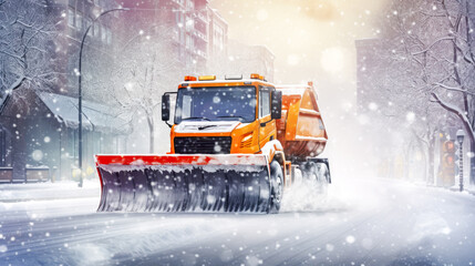 Snow plow removal vehicle on snowy city street background. Snow plow doing snow removal after blizzard - obrazy, fototapety, plakaty