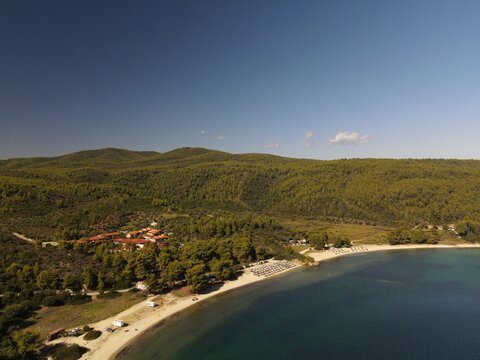 Panoramic drone photo of the tropical beach in the bay of Toroni in Halkidiki, Greeceult