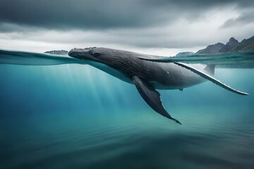 A young humpback whale is seen playing in the clear water - obrazy, fototapety, plakaty