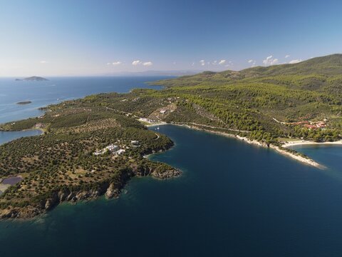 Panoramic drone photo of the tropical beach in the bay of Toroni in Halkidiki, Greeceult