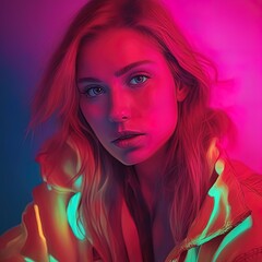 beautiful young girl in colorful neon lights.beautiful young girl in colorful neon lights.portrait of a young blonde girl with neon lights.