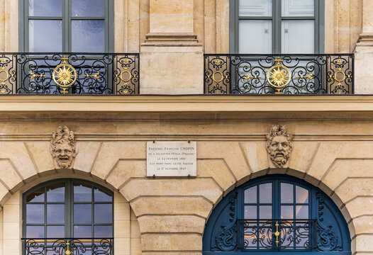 Plaque pointing the building in which Polish composer Frédéric Chopin lived and died in Vendome square, Paris city centre, France